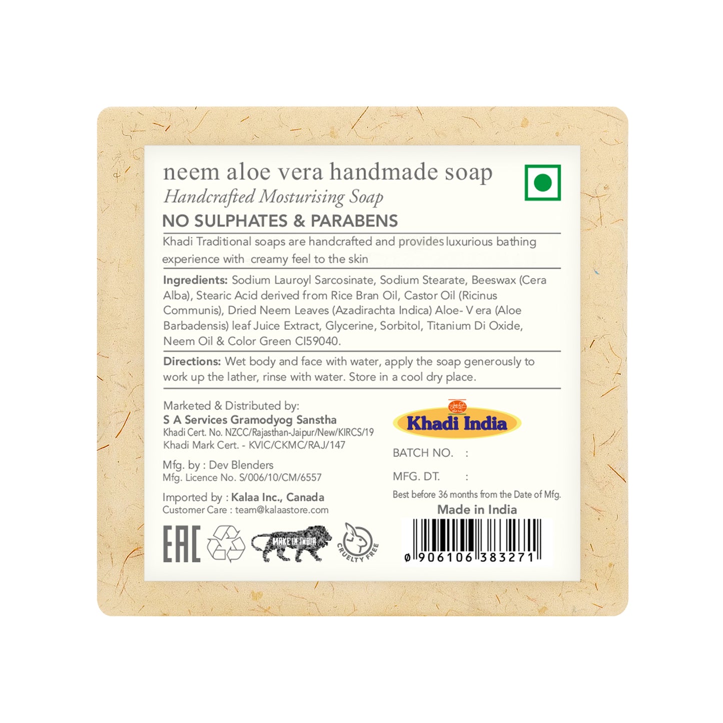 Jabón artesanal tradicional de aloe vera y neem de Khadi