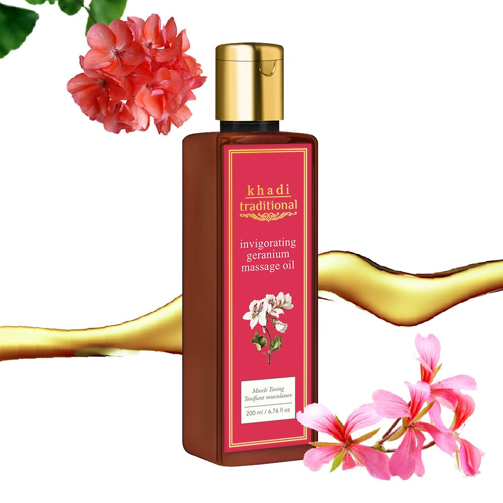 Aceite de masaje tradicional vigorizante con geranio de Khadi