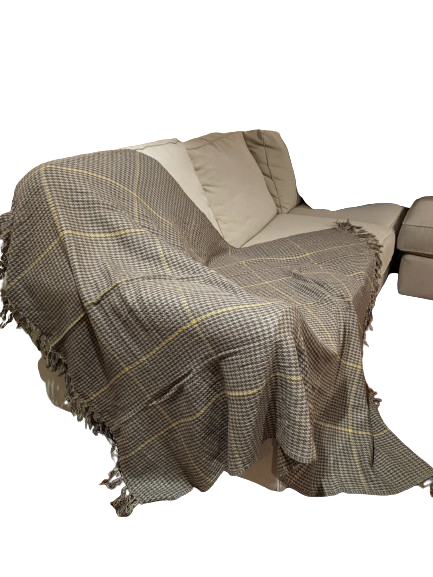 Brown chequered and yellow striped throw